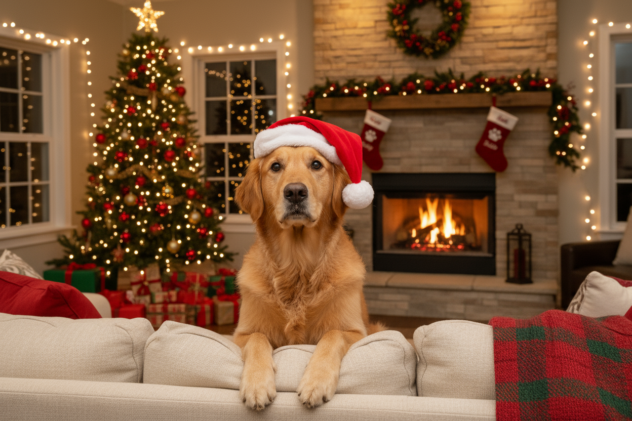 a dog weather a santa hat sitting on a couch
