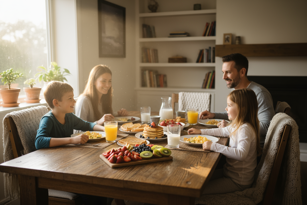 a family eating breakfast