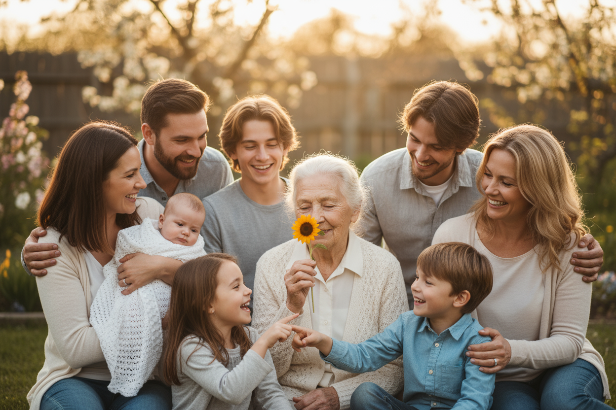 a grandmother smelling a small sunflower around her family