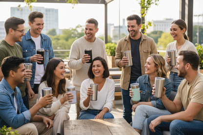 a group of people holding 30 oz tumblers