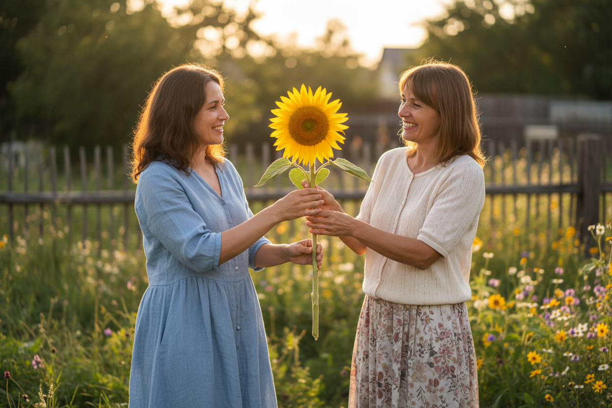 a woman gifting another woman a sunflower