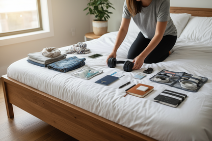 a woman organizing her travel essentials