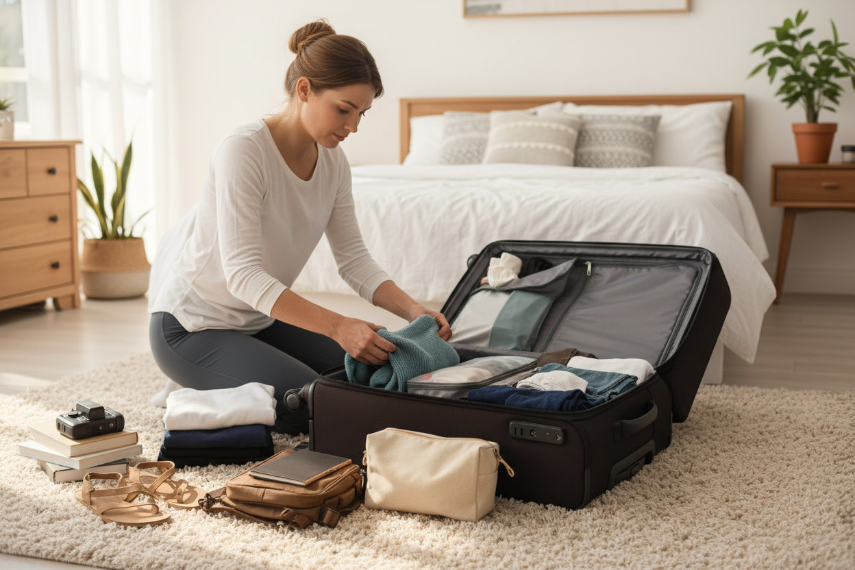 a woman packing a suitcase