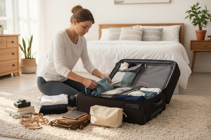 a woman packing a suitcase