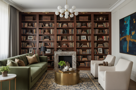 add a photo of an elegant home with a book shelf