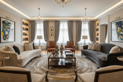 an elegant living room with couches and a Checkerboard pillow case in the distance on top of the couch