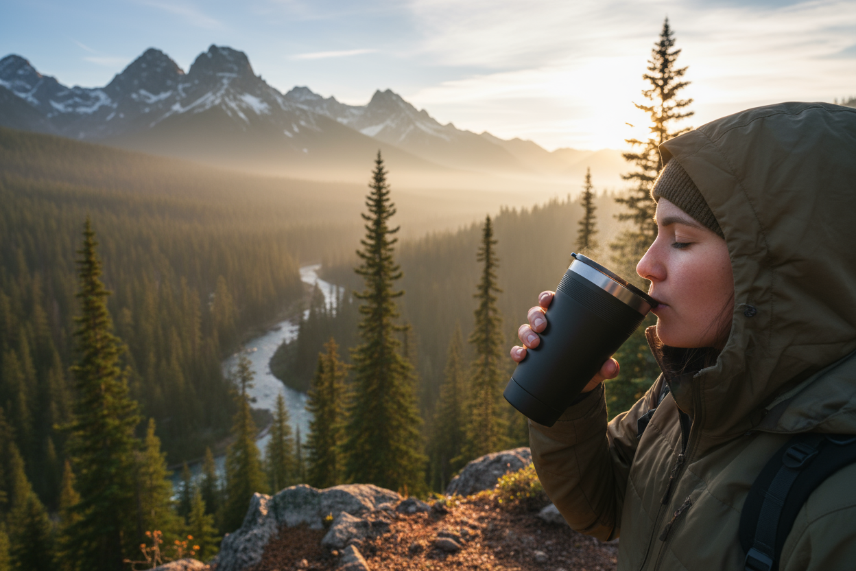 drinking coffee from a black tumbler in a remote location