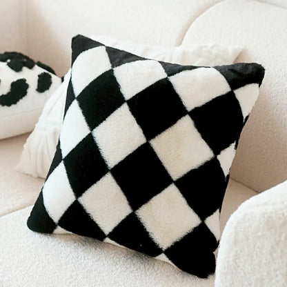 🖤 Retro Rabbit Fur Checkerboard Cushion — Timeless Luxury, Unmatched Comfort