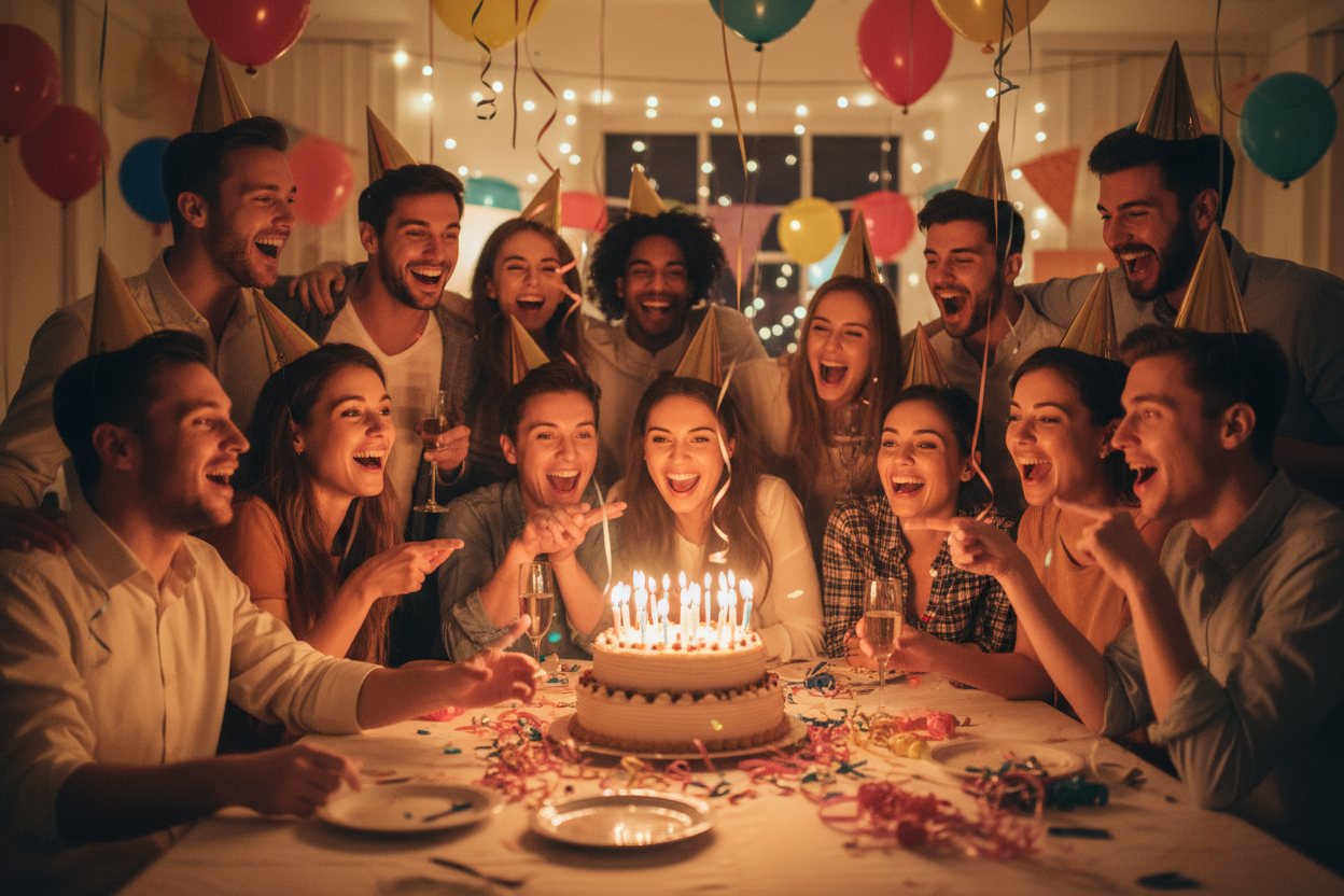 laughing at a birthday party