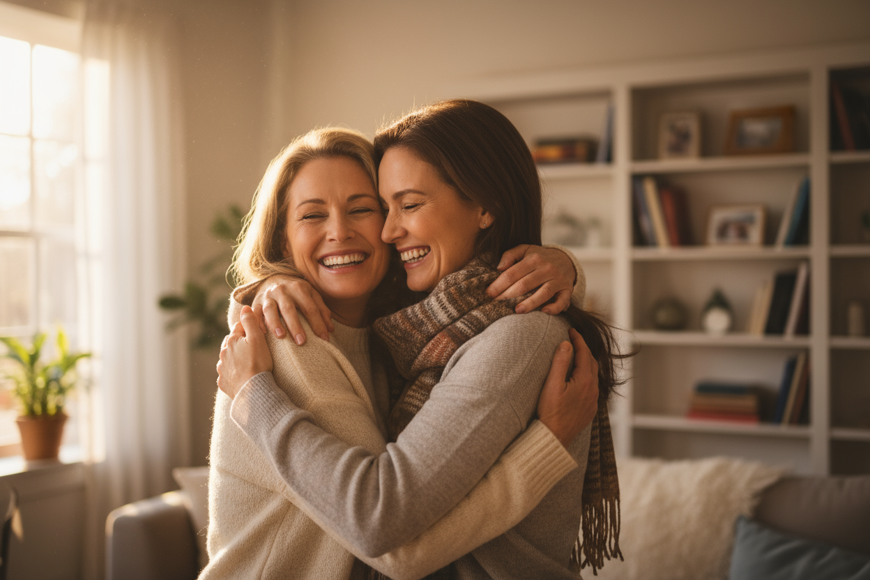 show a mom happy hugging a family member