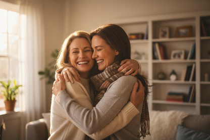 show a mom happy hugging a family member