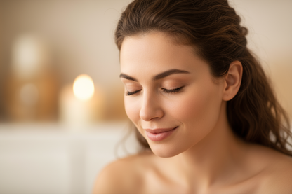 show her smelling candles but do not show the candles just show her being relaxed and smelling candles