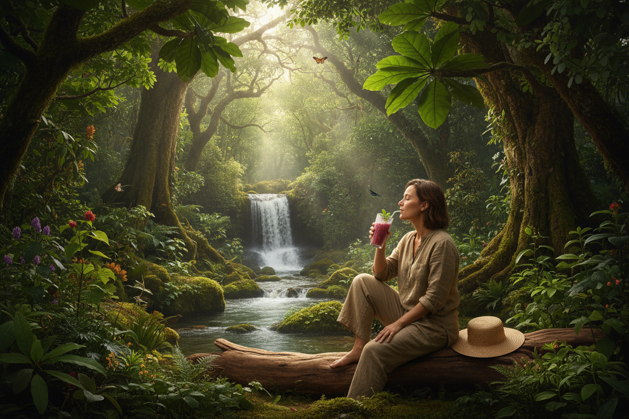 someone drinking a smoothie in nature