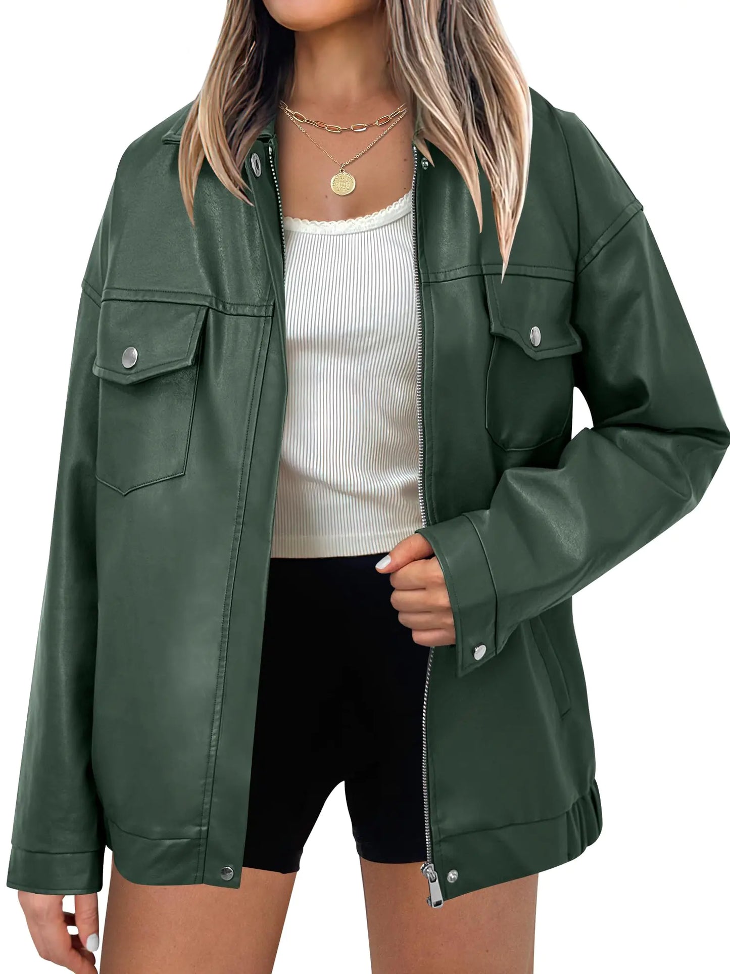 Oversized Dark Green Faux Leather Jacket