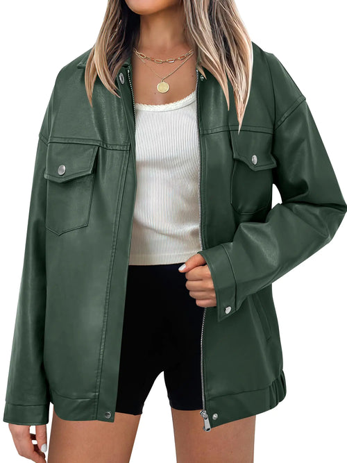 Oversized Dark Green Faux Leather Jacket