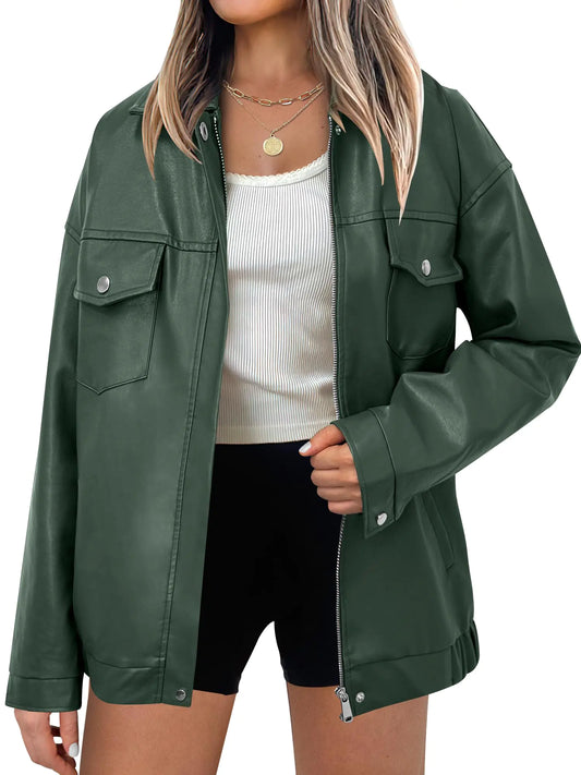 Oversized Dark Green Faux Leather Jacket